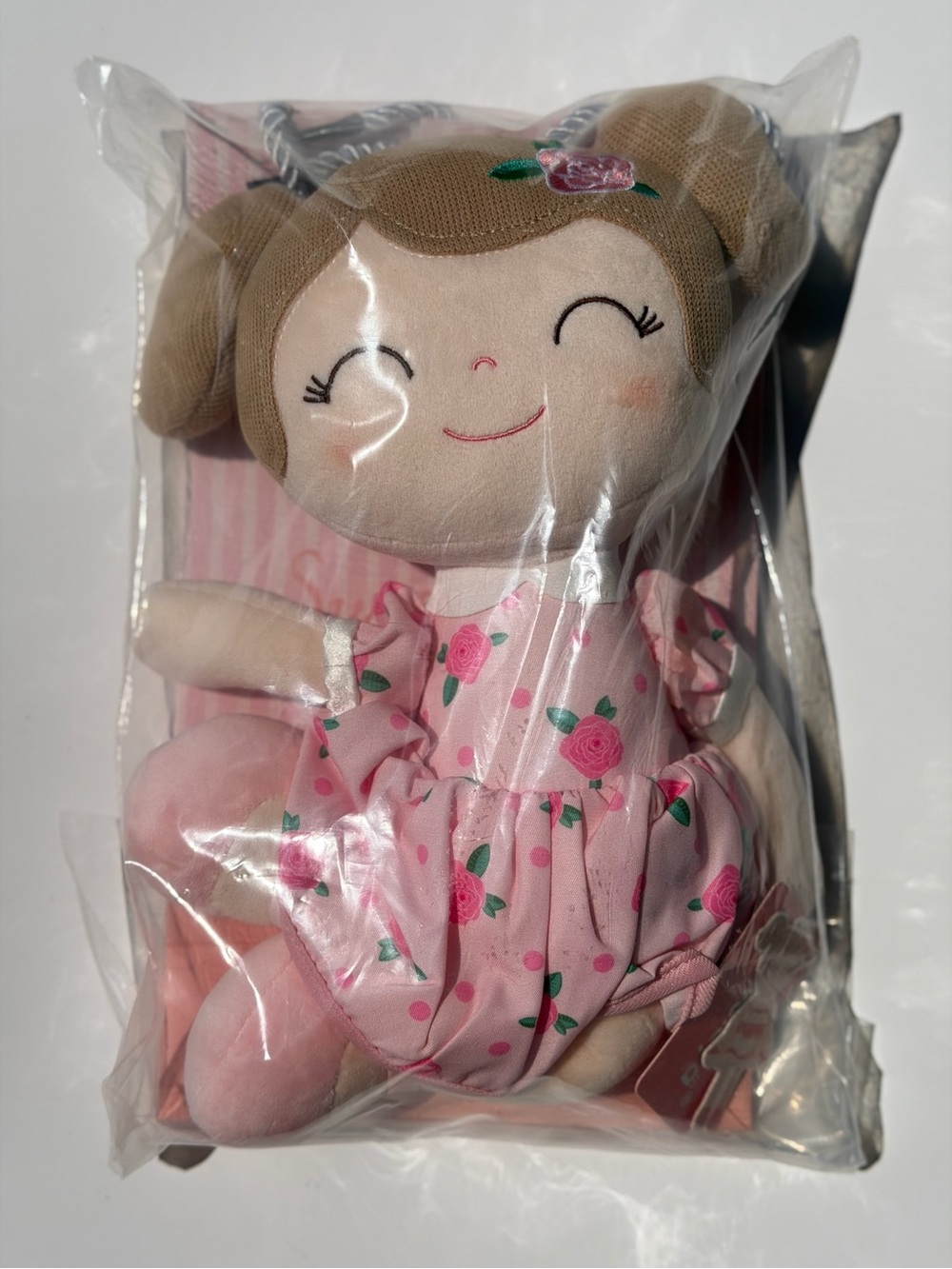 Pink Floral Plush Doll with Brown Hair Buns
